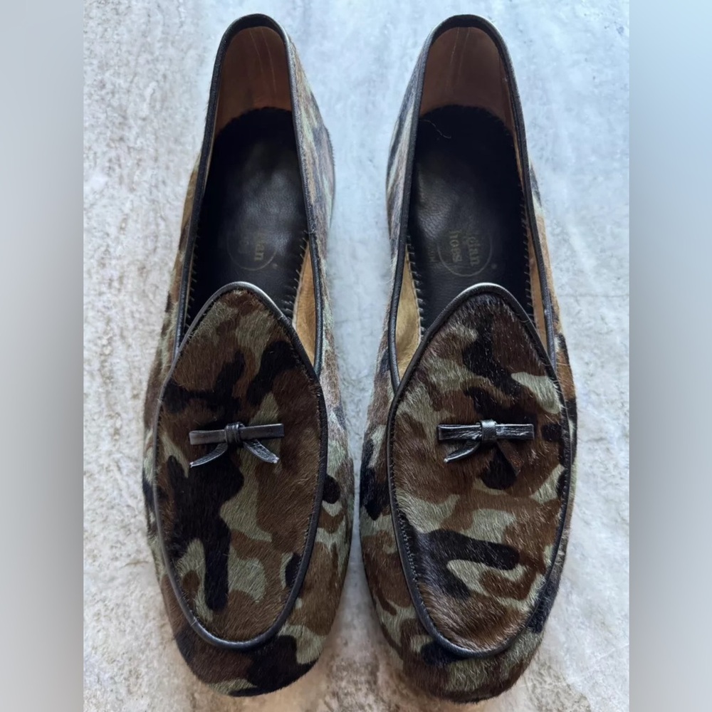 BELGIAN SHOES MR CASUAL LOAFER PONY HAIR CAMOUFLAGE CAMO SLIPPER BOW 8.5…